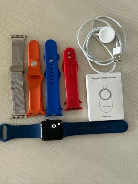 Apple Blue Smartwatch with Orange, Red & Silver Replacement Bands